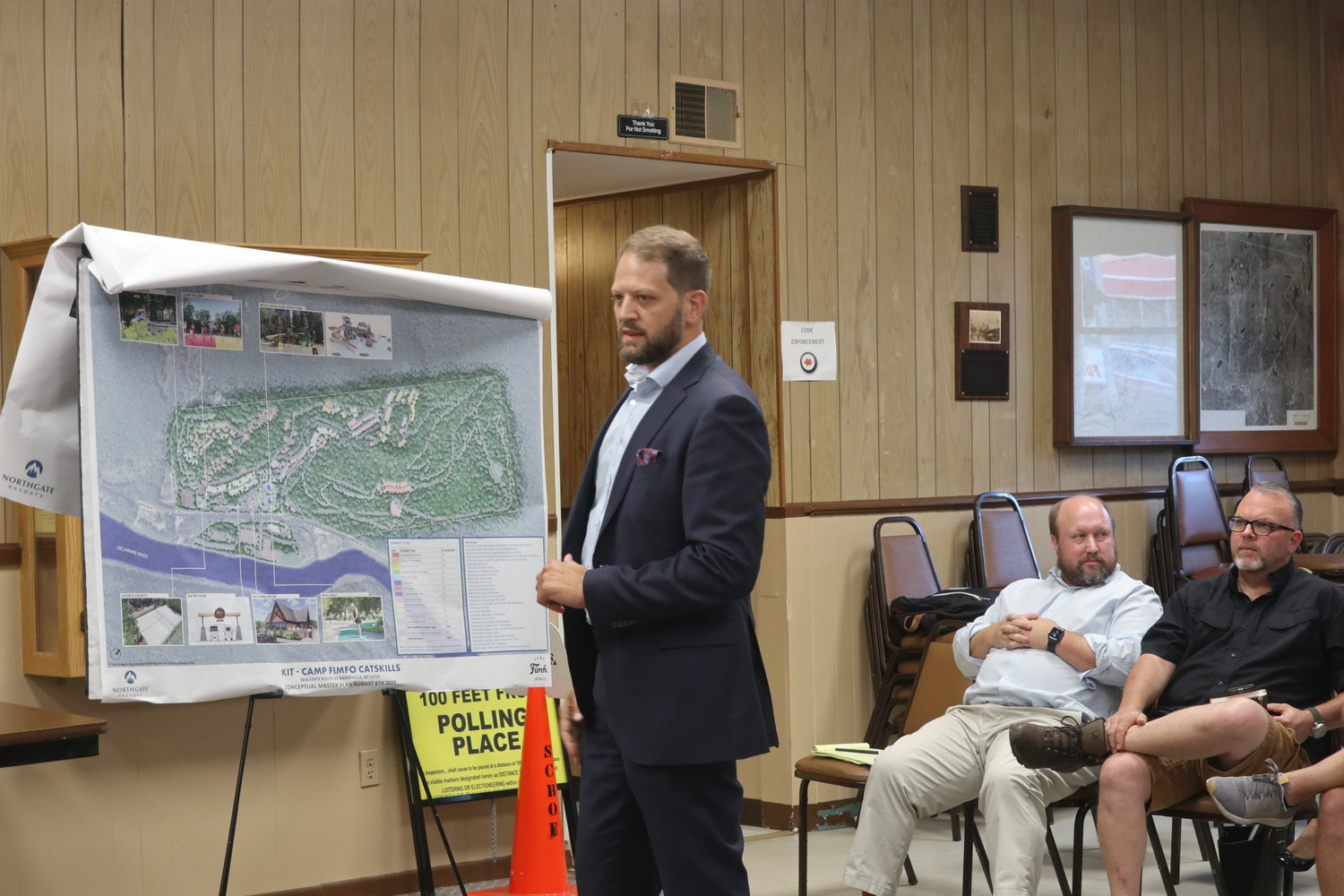 Attorney Daniel Rubin addresses the Highland Planning Board and shows large scale maps and drawings that outline the renovation and expansion of Kittatinny Canoes into Camp FIMFO.